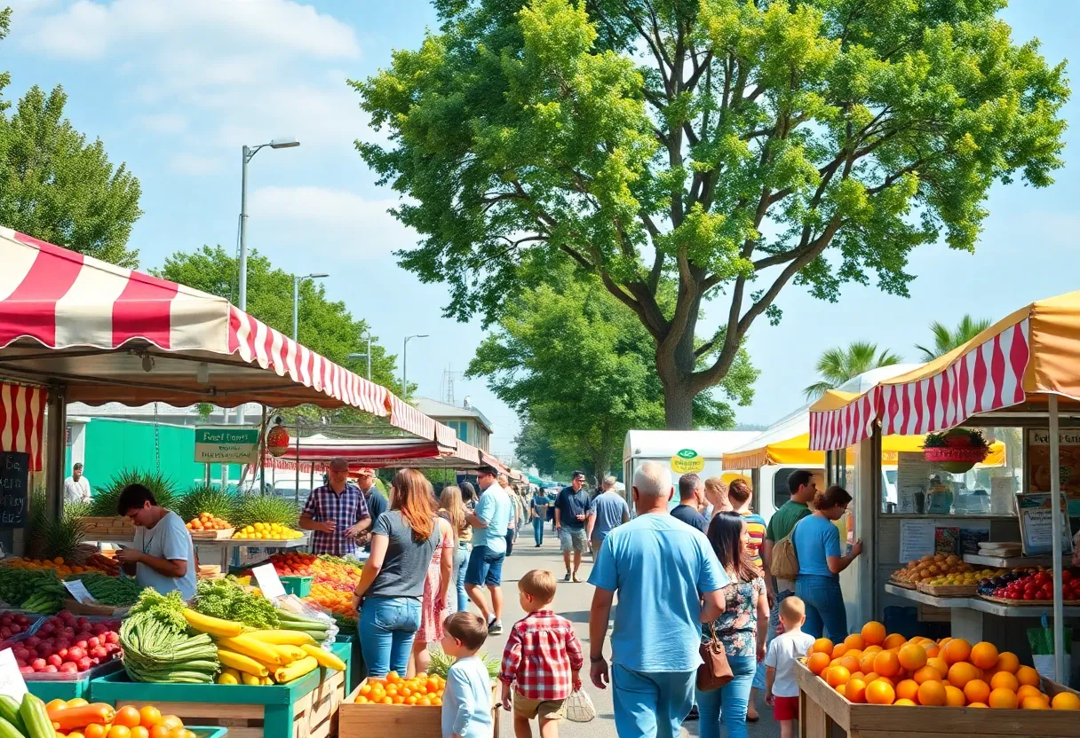 Vibrant farmers market in Rancho Mission Viejo with fresh produce and food trucks.