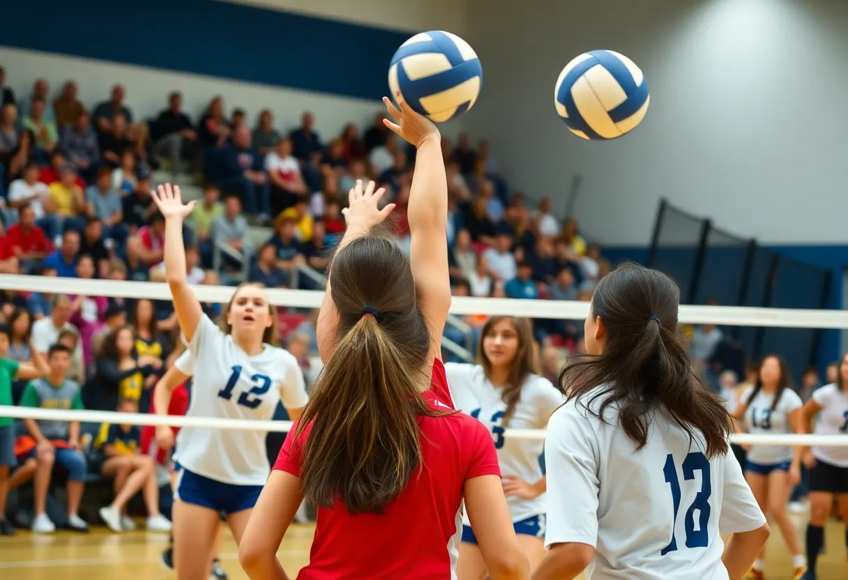 Roosevelt Mustangs in action during a volleyball match against Mission Viejo Diablos.