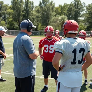 High school football practice at Santa Margarita with players and coaches