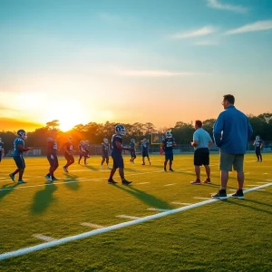 Santa Margarita football team practicing on the field at sunset