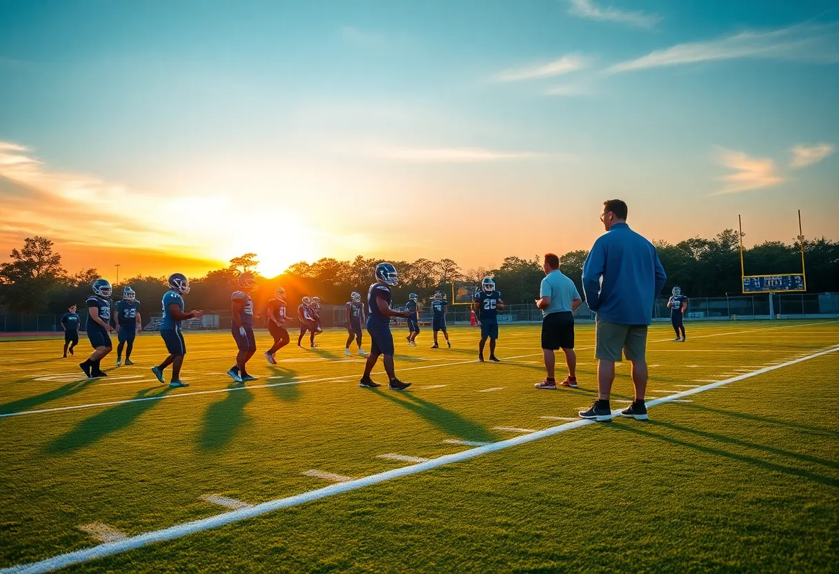 Santa Margarita football team practicing on the field at sunset