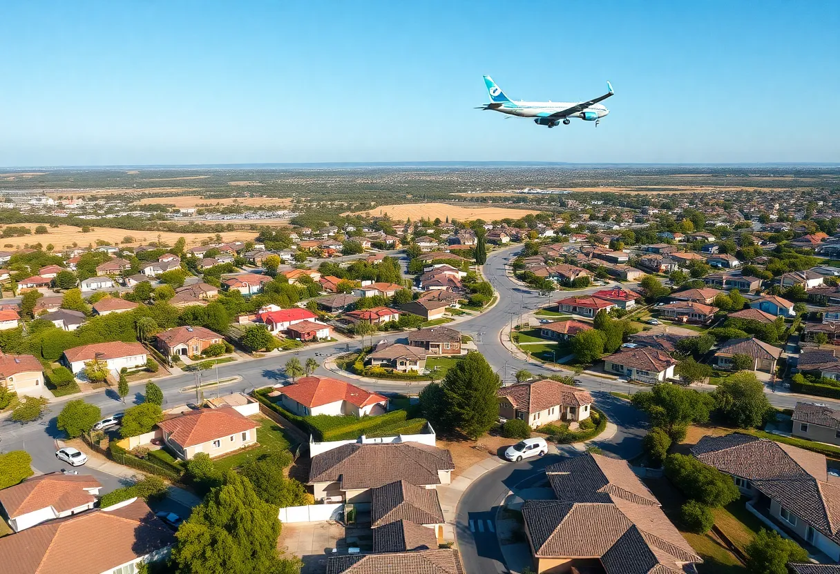 Aerial view of Southern California neighborhoods impacted by a fuel dumping incident.
