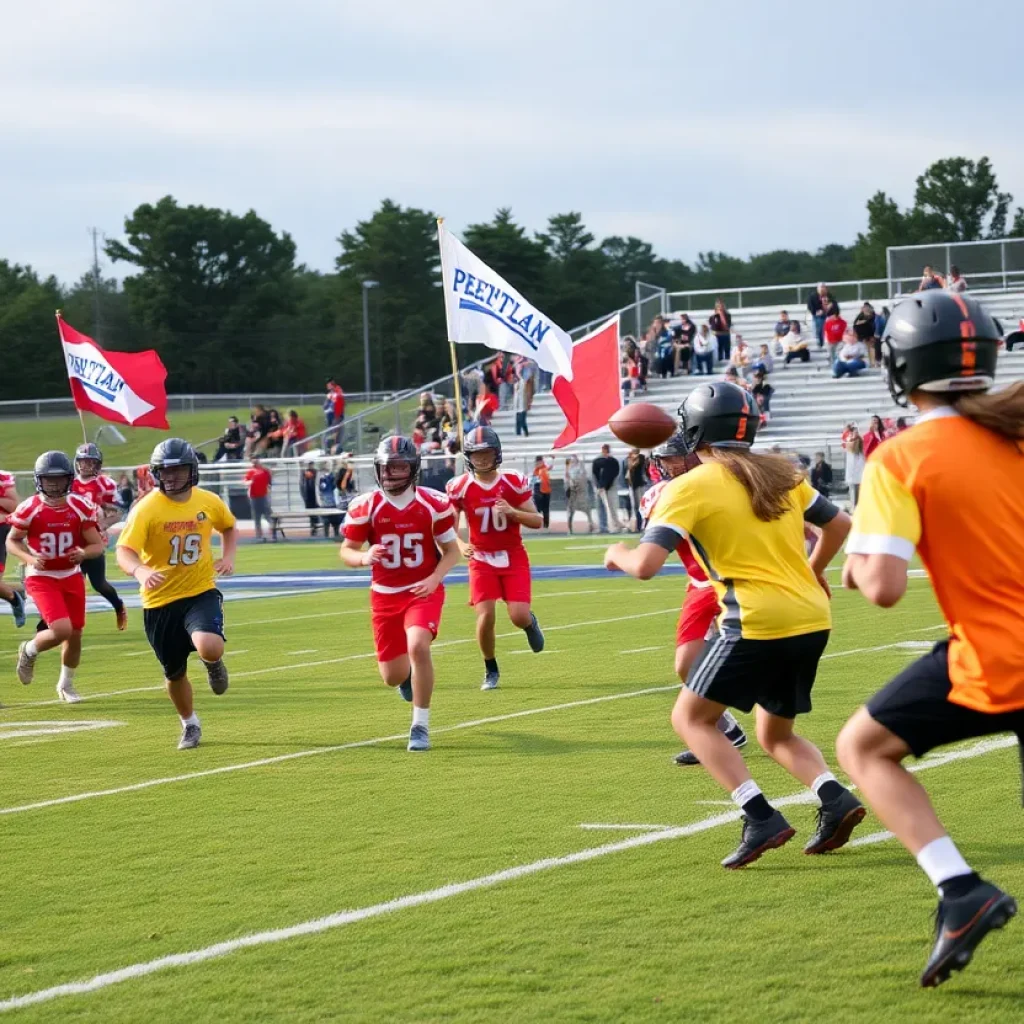 High school players competing in a flag football match