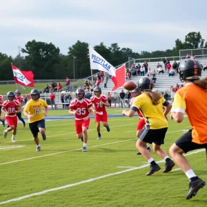 High school players competing in a flag football match