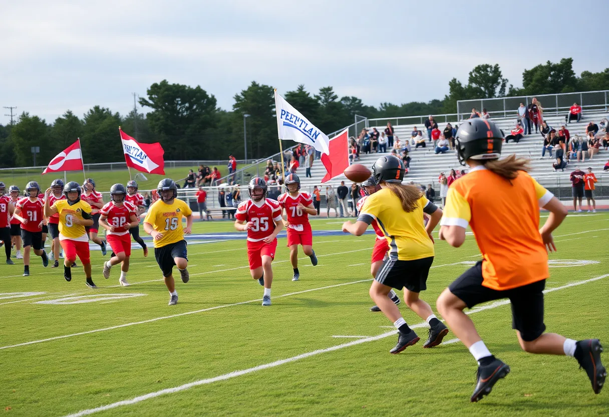 High school players competing in a flag football match