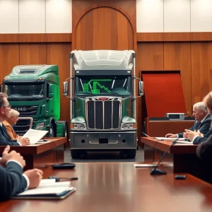 Legal scene depicting truck manufacturers' lawsuit against California's Clean Trucks mandate