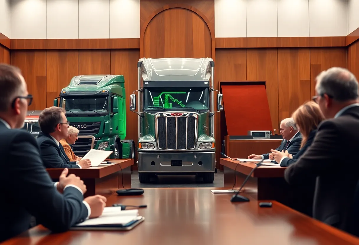Legal scene depicting truck manufacturers' lawsuit against California's Clean Trucks mandate