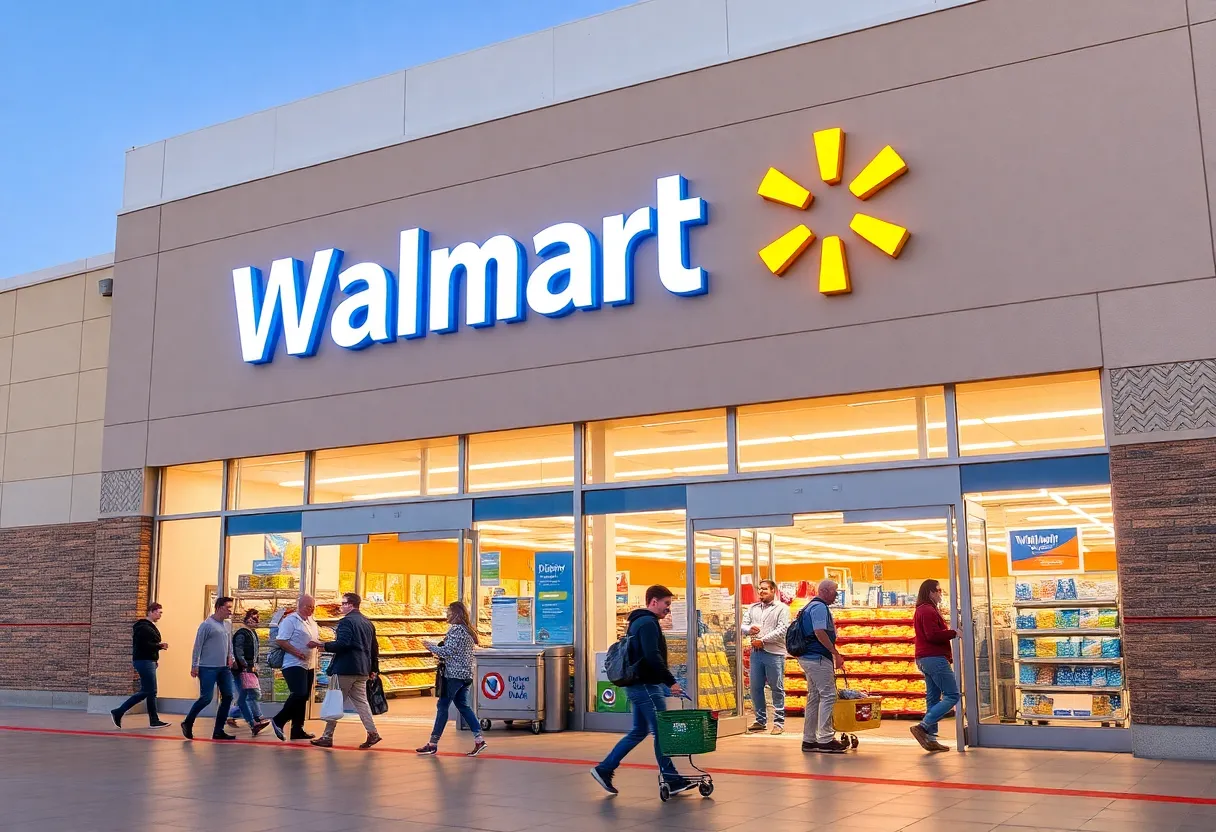 Exterior view of a Walmart store with shoppers