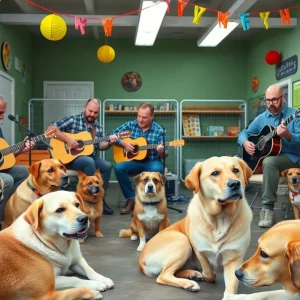 Musicians performing live at a shelter for animals.