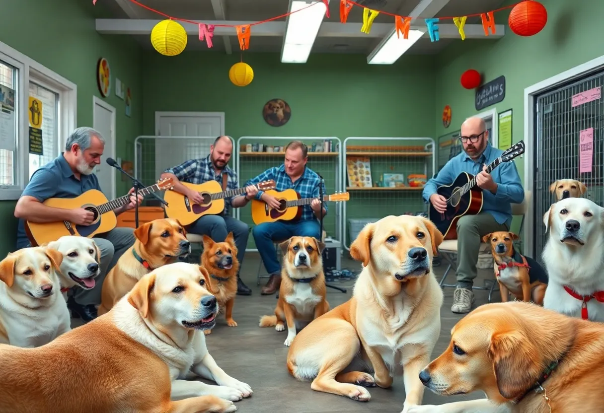 Musicians performing live at a shelter for animals.