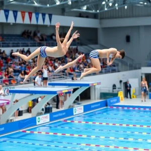 A young diver performing on the 3-meter springboard during a national competition.