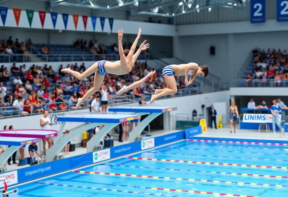 A young diver performing on the 3-meter springboard during a national competition.