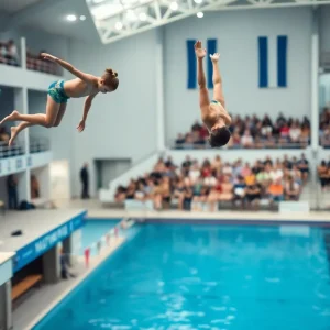 Young divers are showcasing their skills during a diving competition.