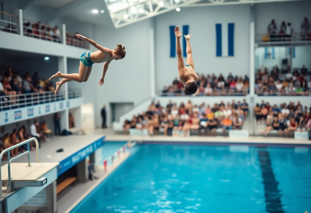 Young divers are showcasing their skills during a diving competition.