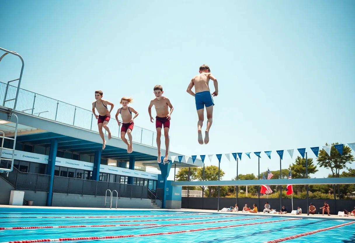 Young divers practicing on a diving board