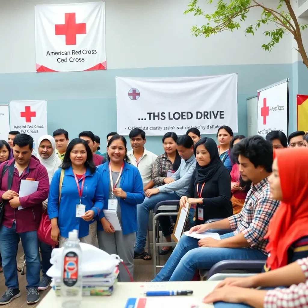 People participating in a blood donation drive organized by the American Red Cross.