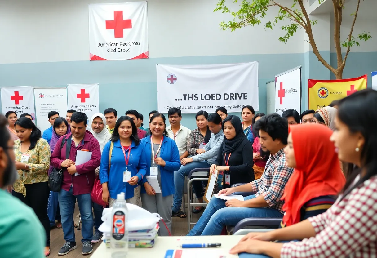 People participating in a blood donation drive organized by the American Red Cross.