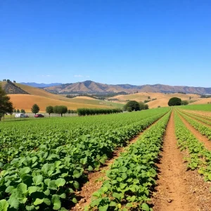 California farmland with crops and hills in the background