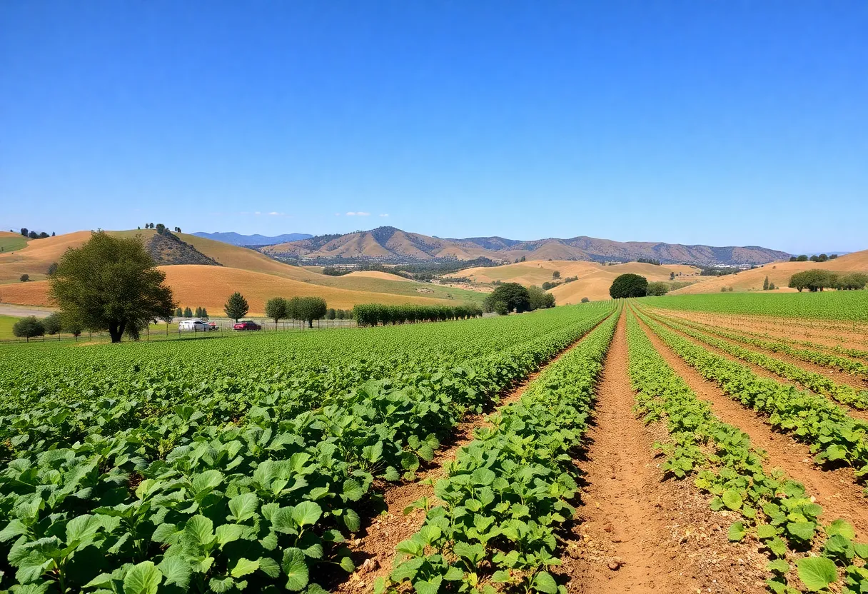 California farmland with crops and hills in the background