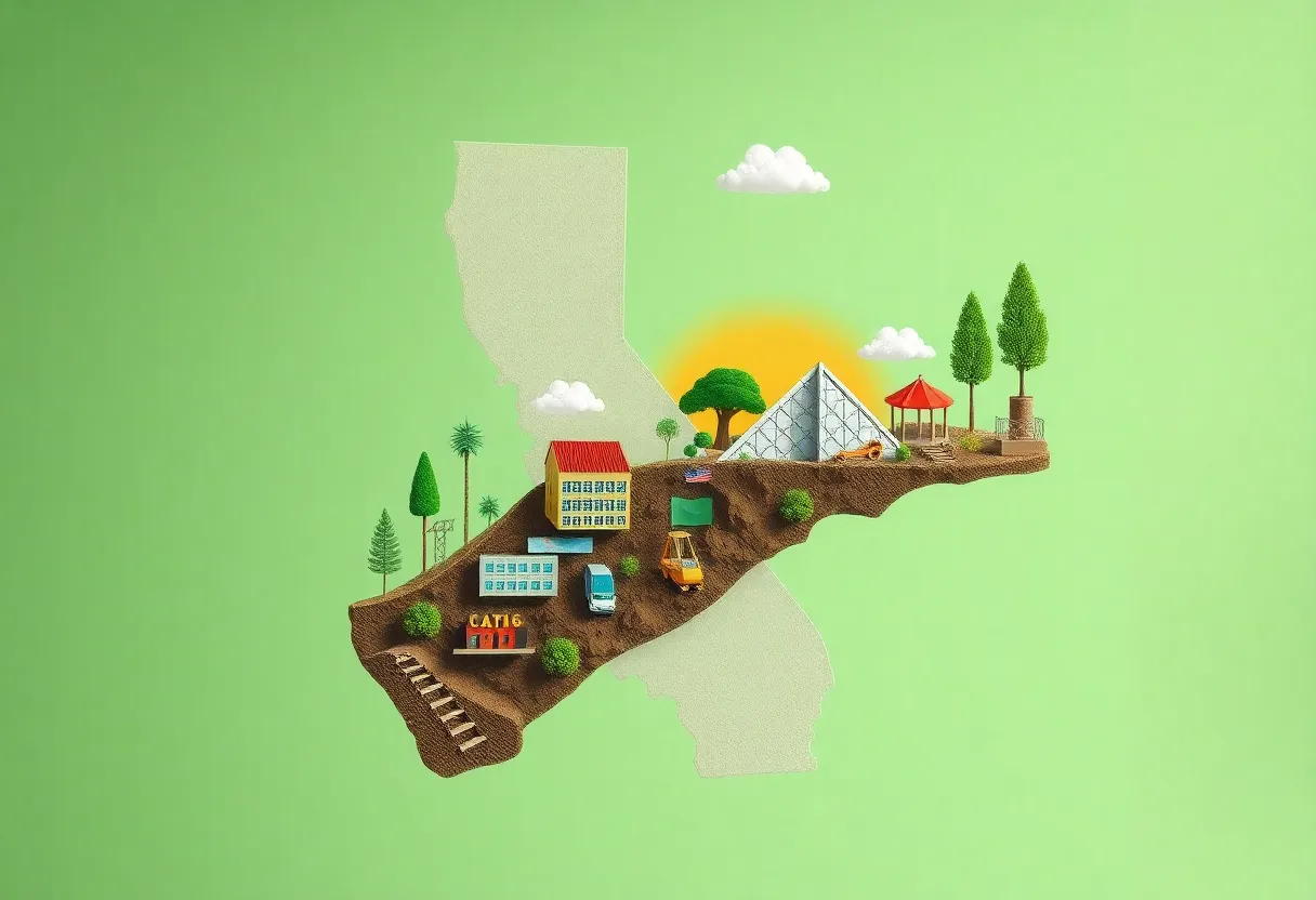 Abstract representation of California's cap-and-trade program balancing business and environmental interests.