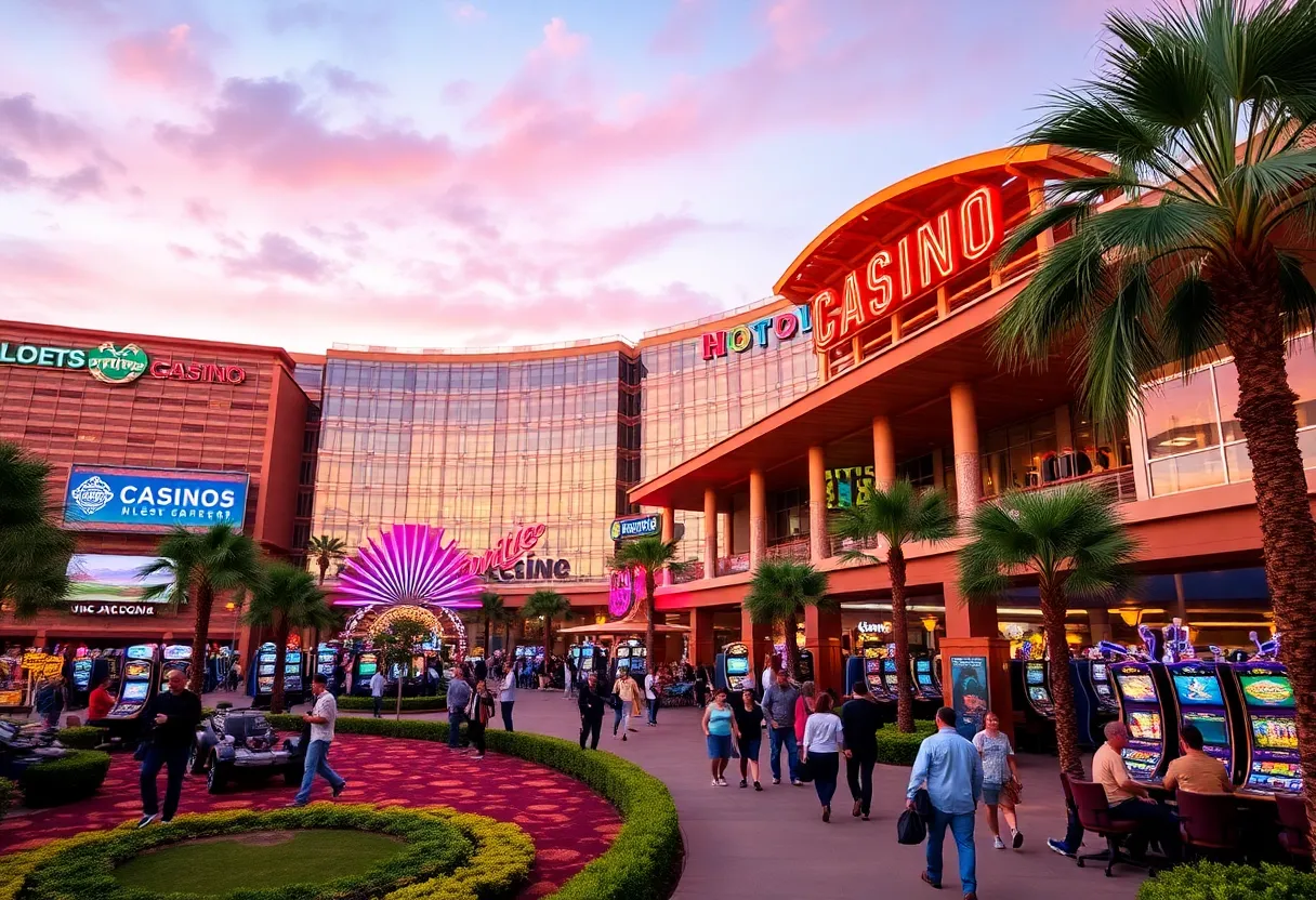 A modern casino resort in California with people gaming