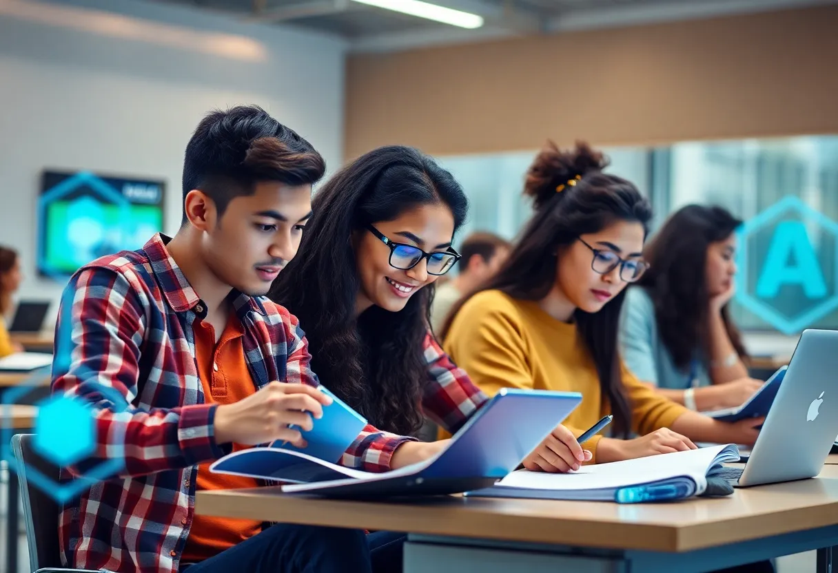 Students in a classroom using technology, representing efforts to combat financial aid fraud.