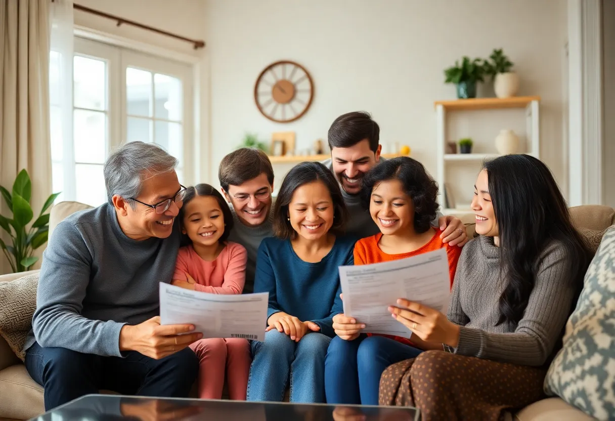 Families looking at electric bills with smiles, celebrating refunds from California Climate Credit.