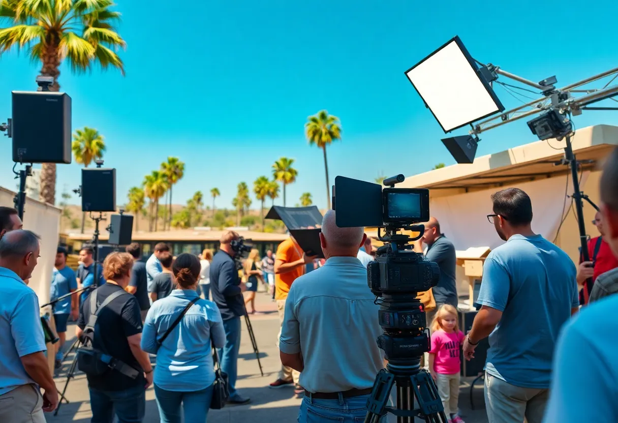 Film set in California with crew members and equipment