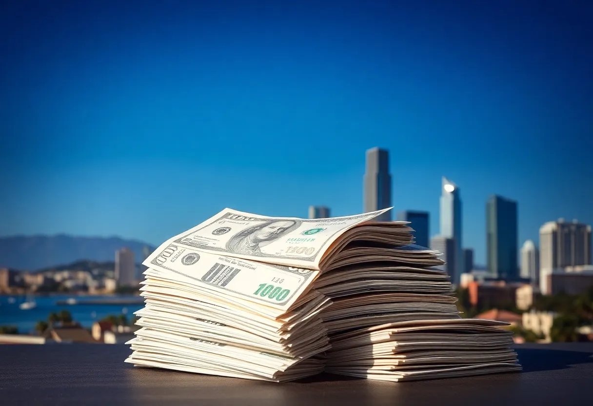 Representation of healthcare crisis in California with medical bills and landmarks.