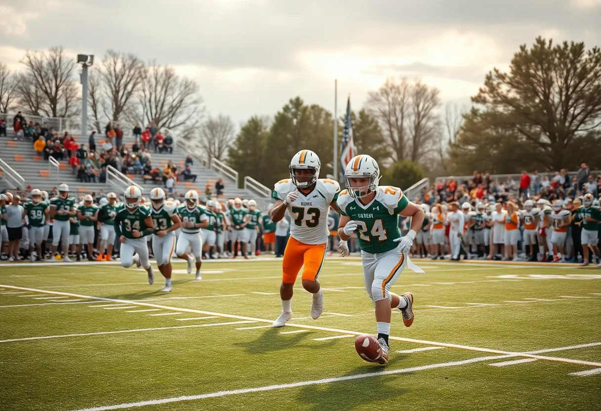 High school football players in action on the field