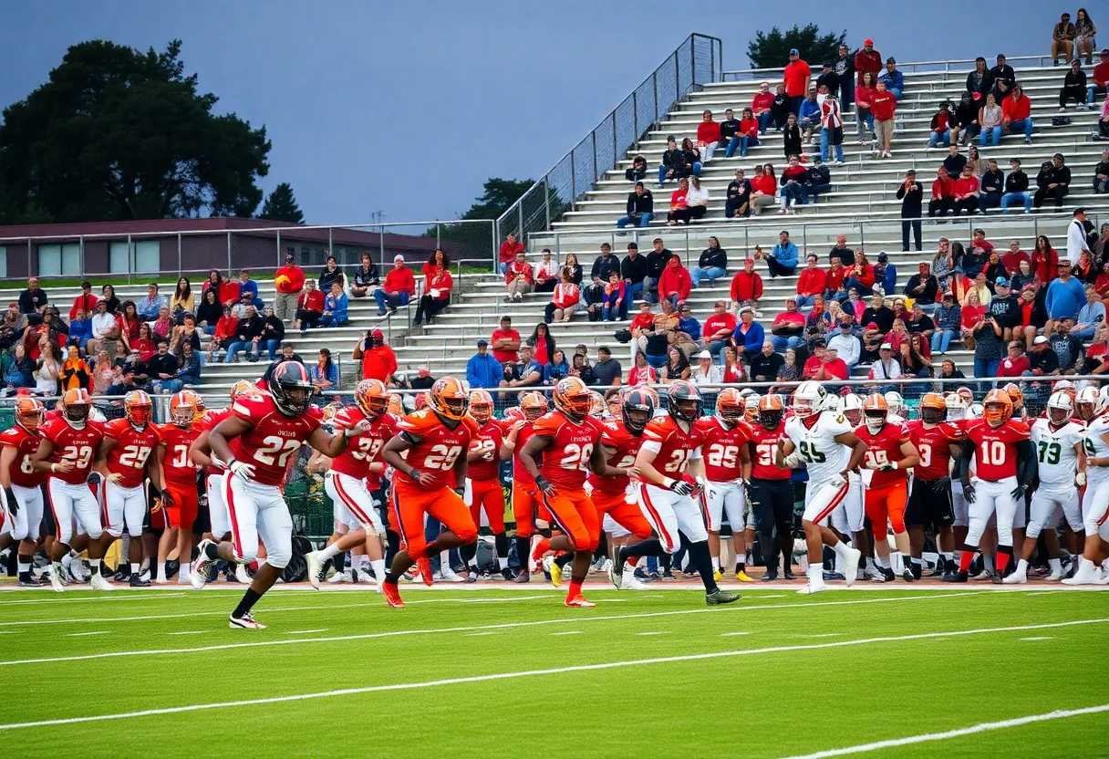 High school football game in California with players and crowds