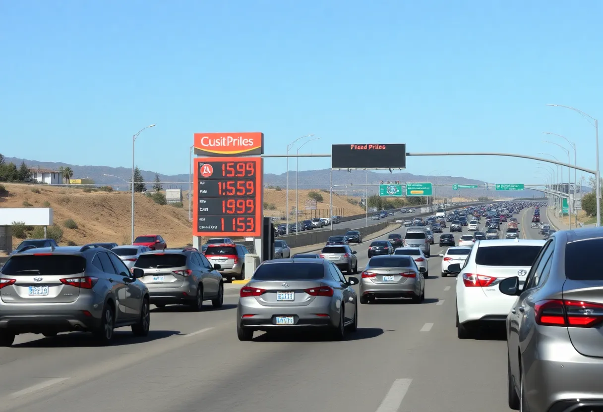 High gas prices sign at a California gas station next to busy highway.