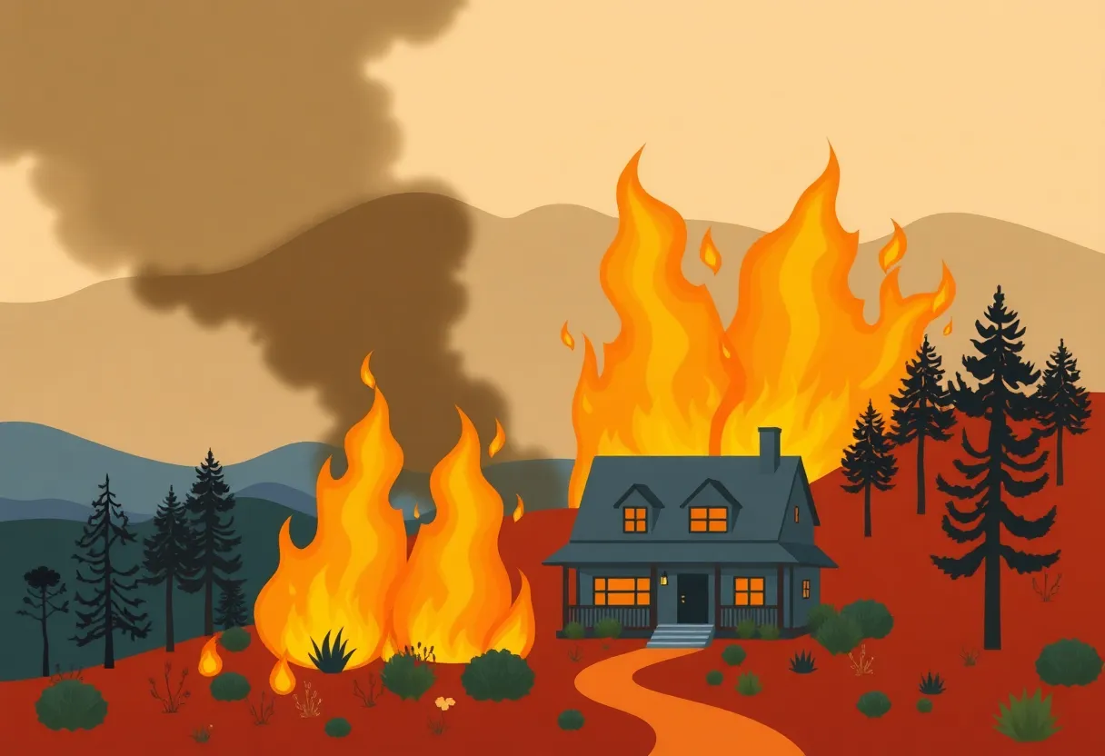 An illustration highlighting fireproofed homes in California amidst wildfire dangers.