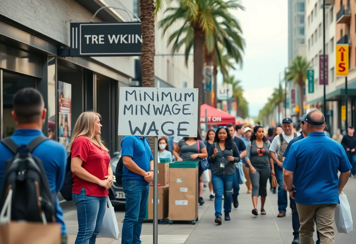 Illustration of California workers celebrating minimum wage increase
