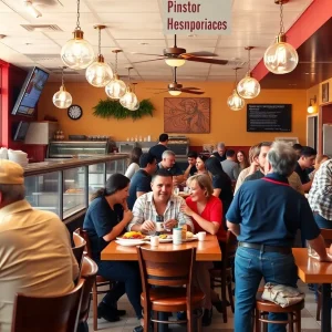 A bustling California restaurant with patrons enjoying their meals.