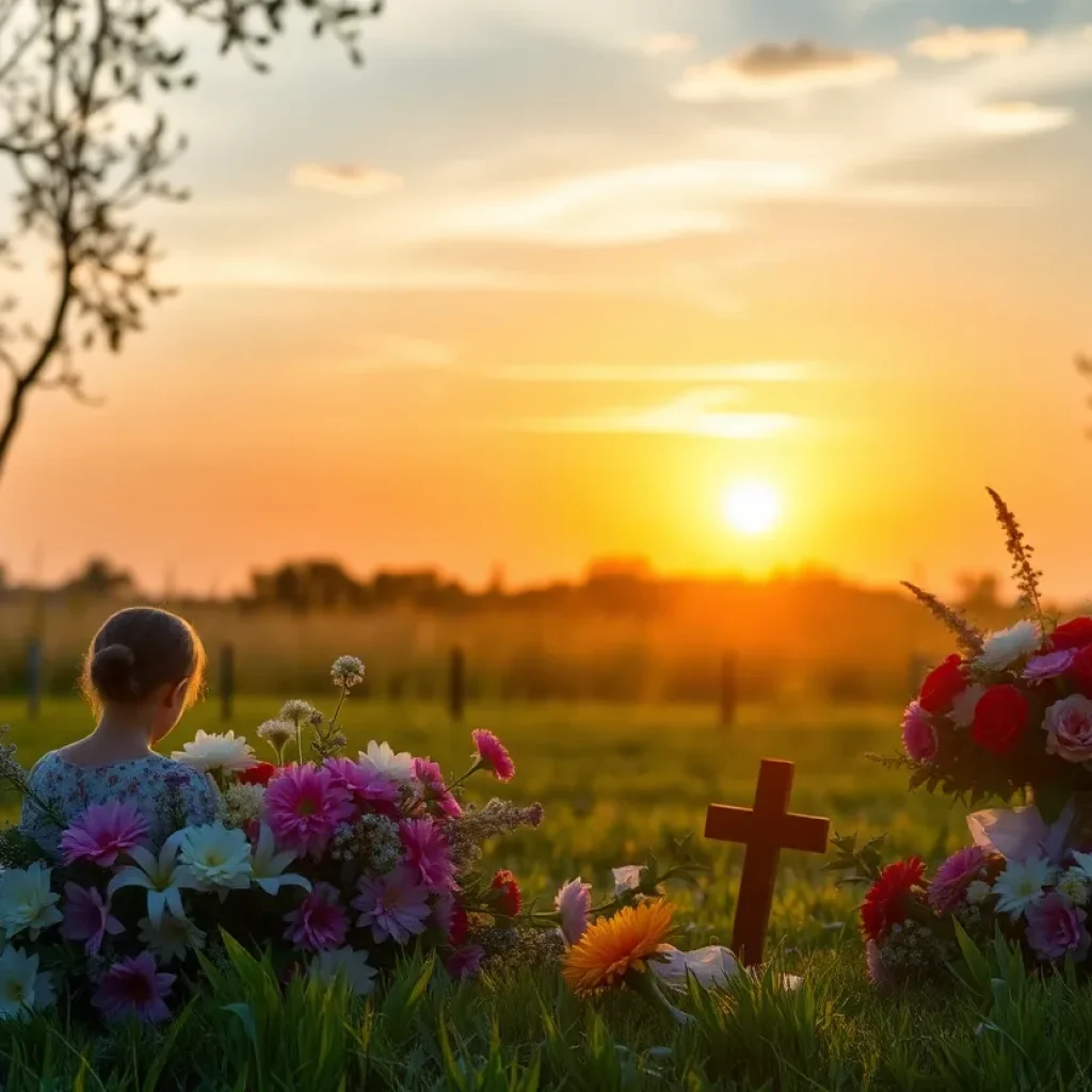 A serene outdoor setting with flowers and a sunset, symbolizing remembrance.