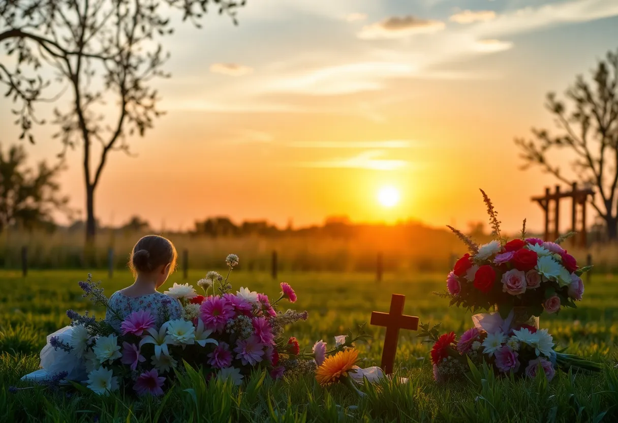 A serene outdoor setting with flowers and a sunset, symbolizing remembrance.