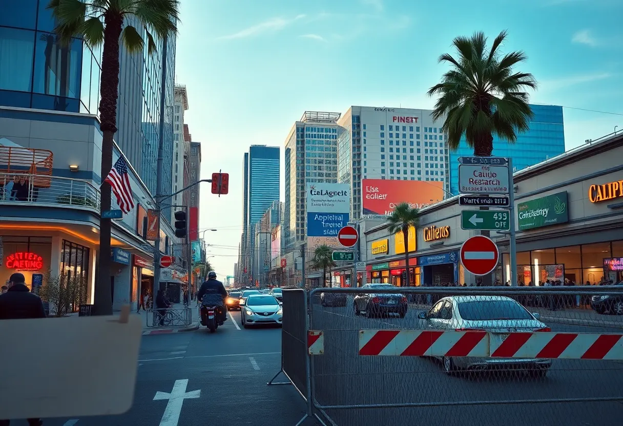 Illustration of business challenges in California with economic growth and obstacles