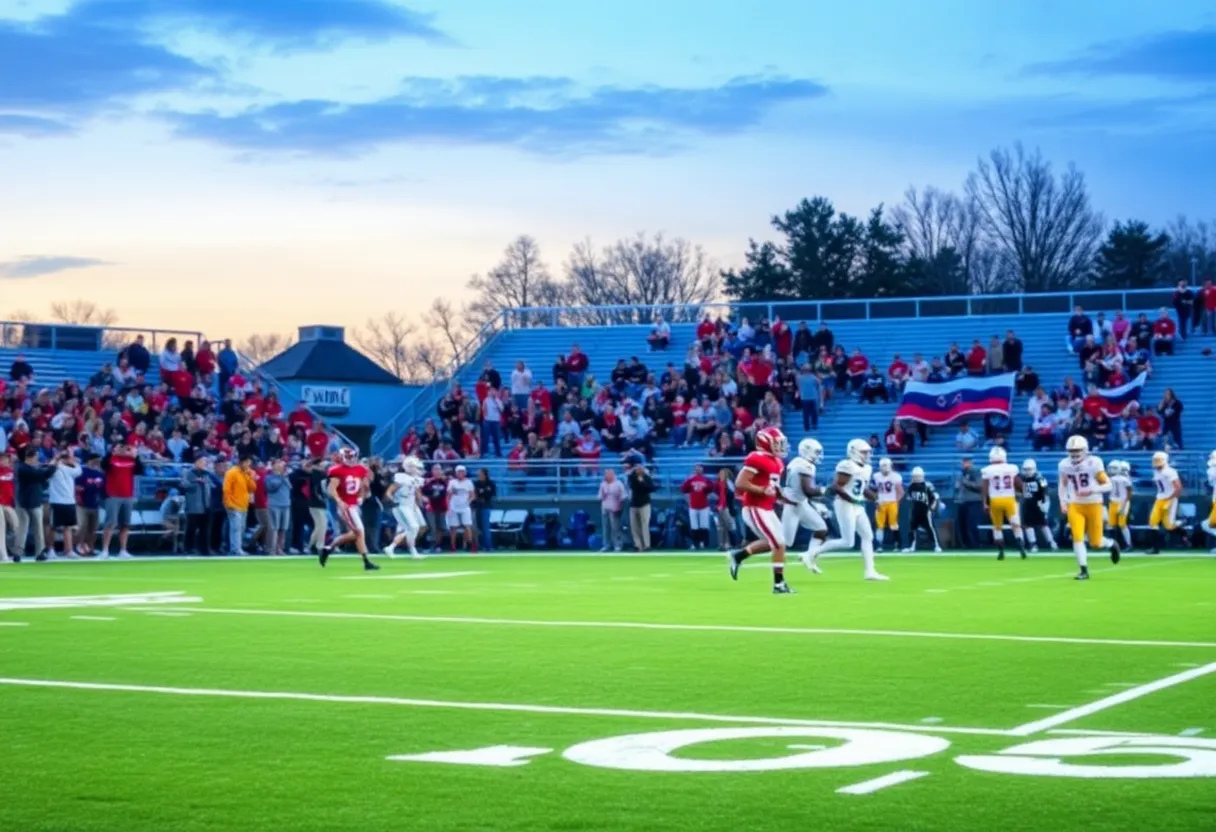 High school football game with players and cheering fans.