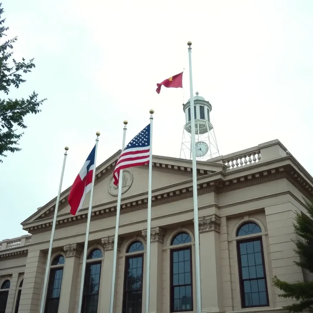 City hall building with flags at half-staff