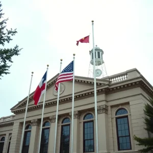 City hall building with flags at half-staff