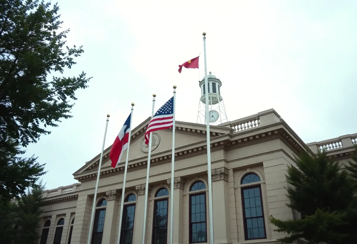 City hall building with flags at half-staff