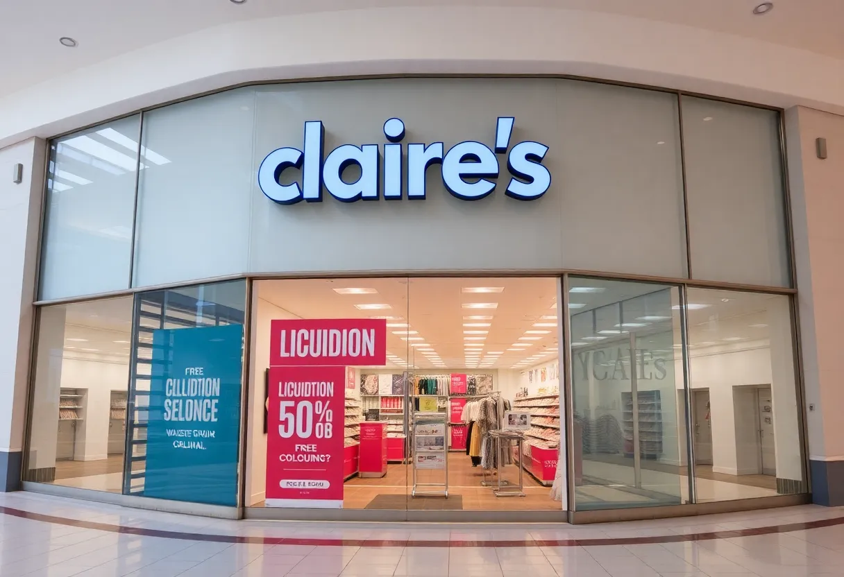 Claire's store front with liquidation sale signs