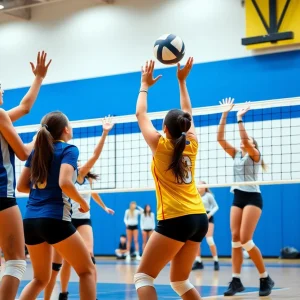 El Toro High School volleyball players celebrating a victory on the court
