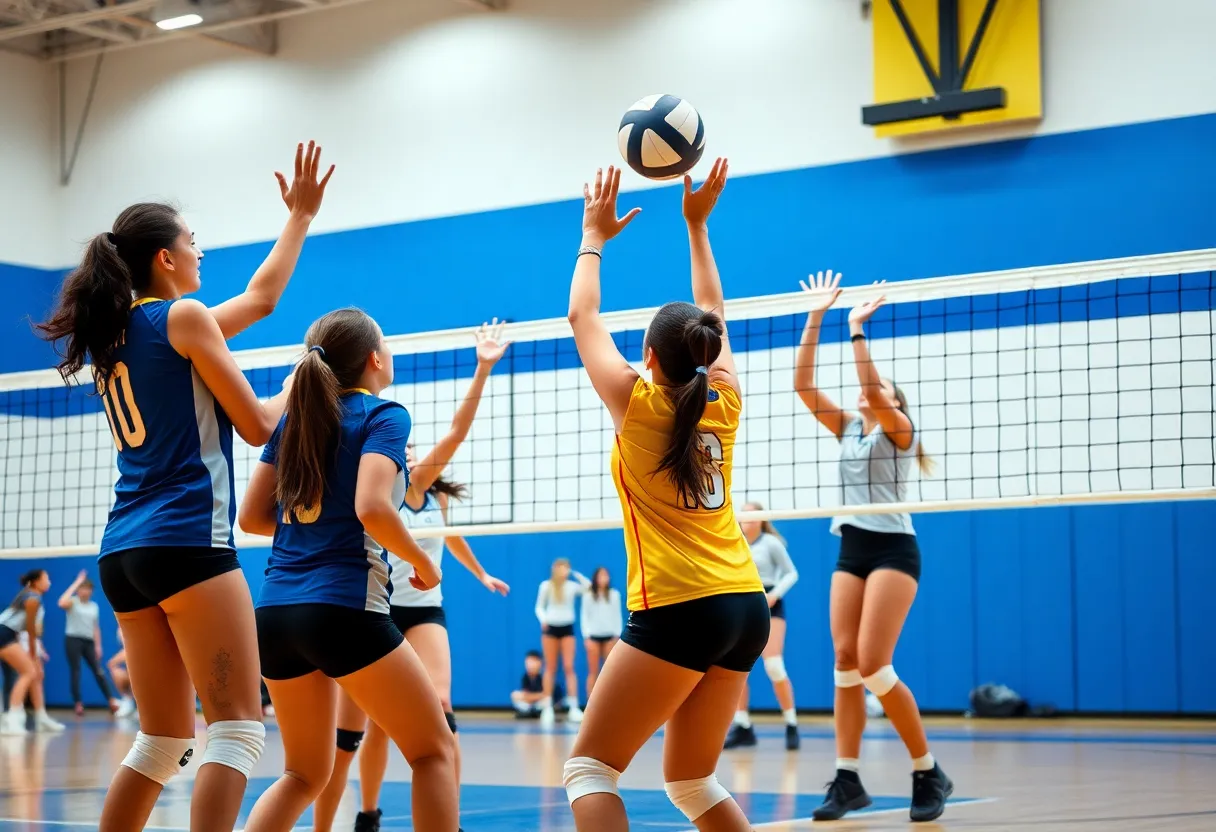 El Toro High School volleyball players celebrating a victory on the court