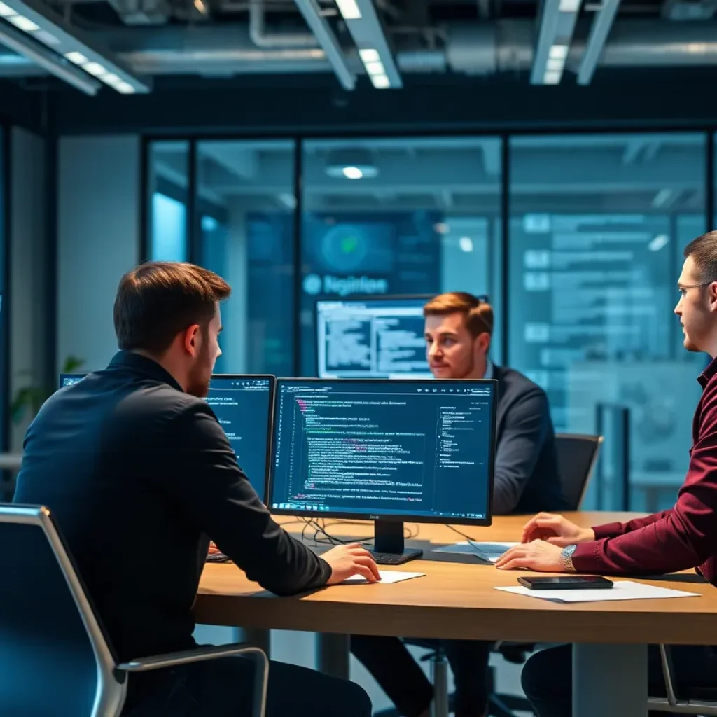 Team of engineers working on AI technology in an office.