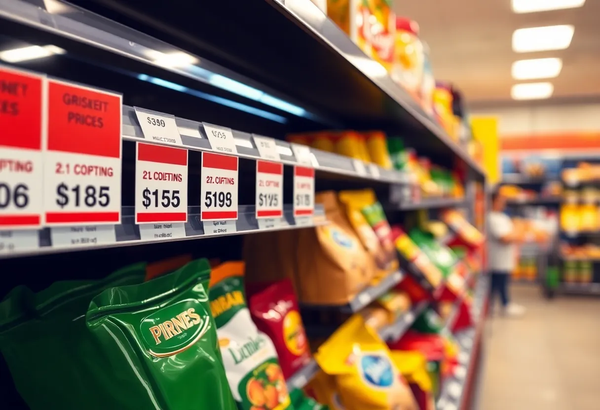 Grocery store with price tags showing increases in California.