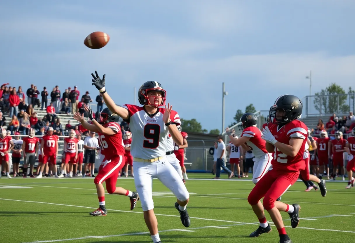 Young football players competing in a high school game.