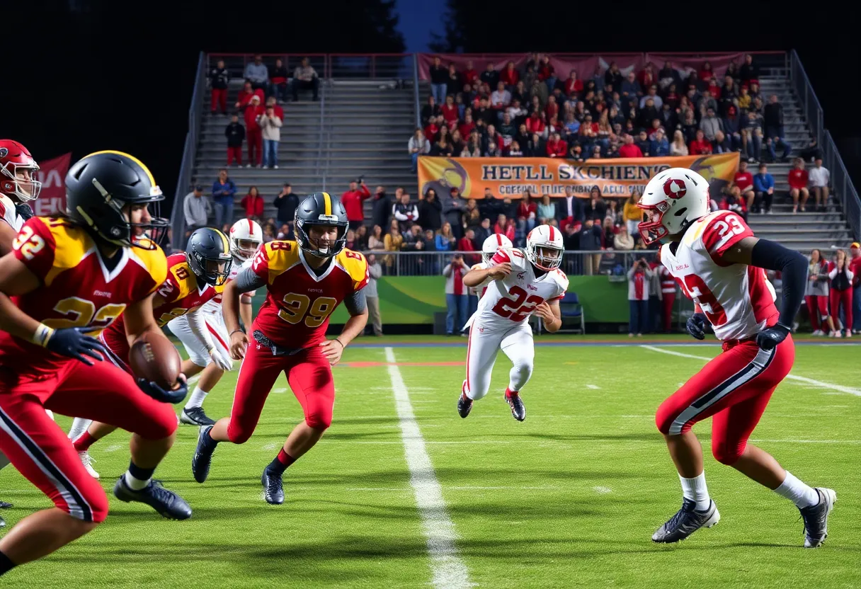 Exciting moment from a high school football game showcasing players in action.