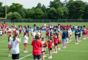 A lively high school football practice session in Orange County with players and cheerleaders.